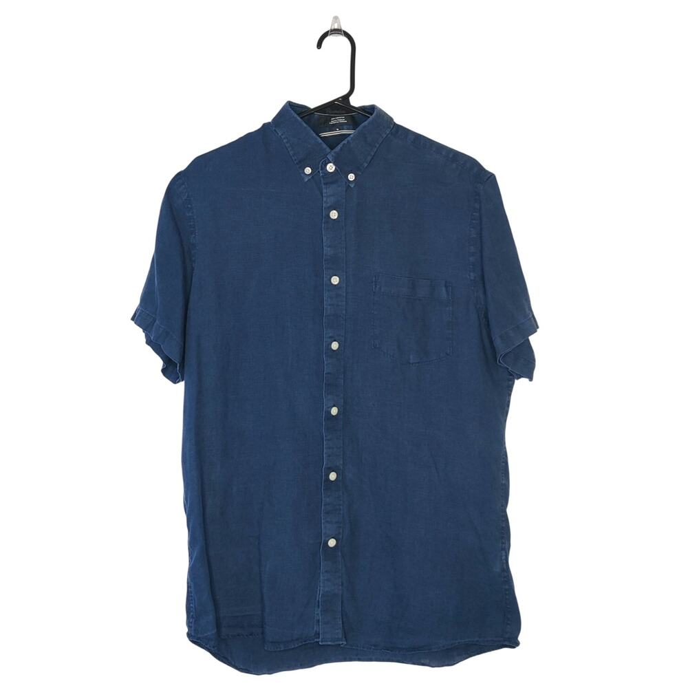 Nordstrom Men's Shop Linen Navy Blue Trim Fit Button Down Shirt Medium